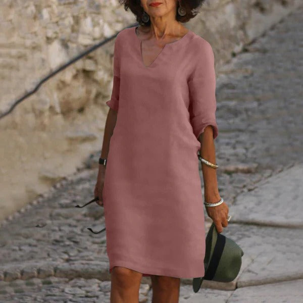 Relaxed Fit Cotton Blend Dress with 3/4 Sleeves for All-Day Comfort