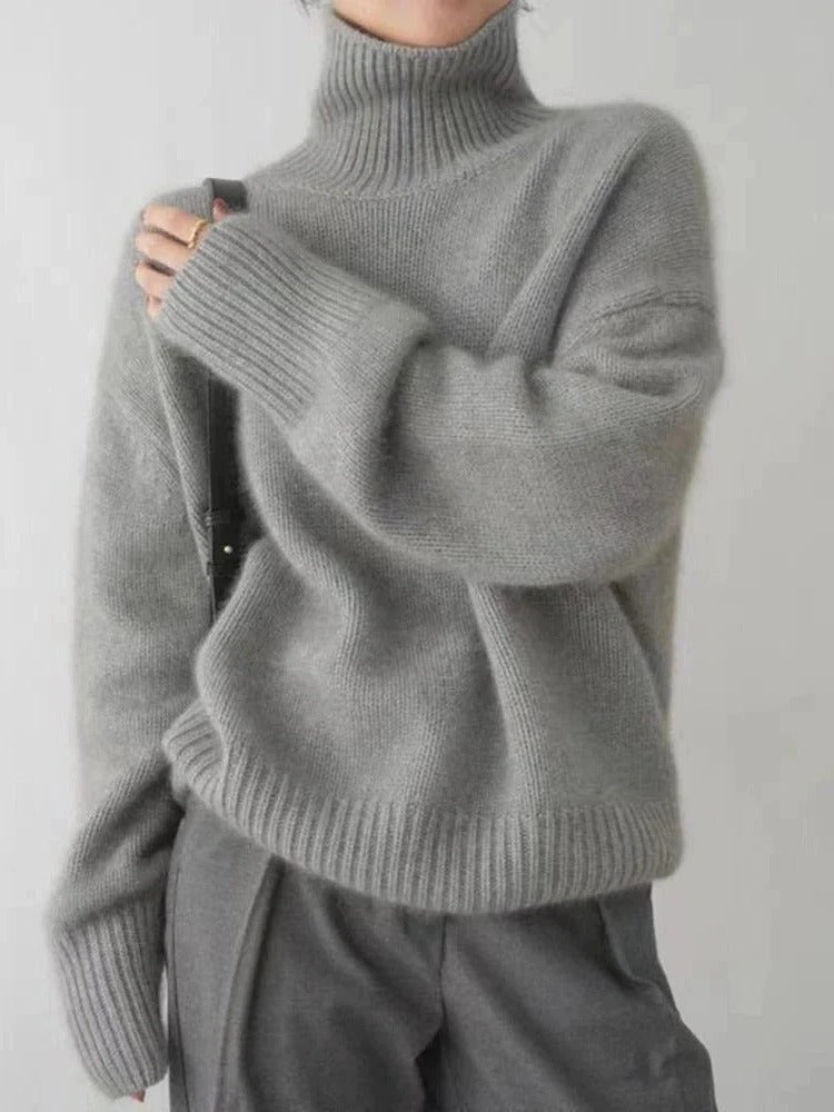Organic Merino Wool Loose Fit Turtleneck Sweater for Women in Brown, Gray, Beige