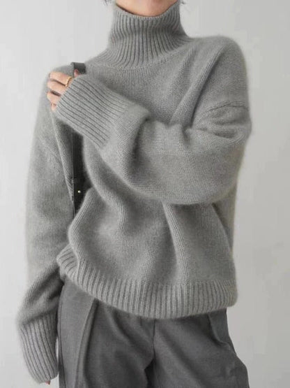 Organic Merino Wool Loose Fit Turtleneck Sweater for Women in Brown, Gray, Beige