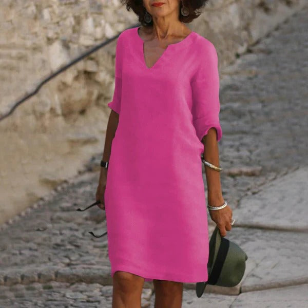Relaxed Fit Cotton Blend Dress with 3/4 Sleeves for All-Day Comfort