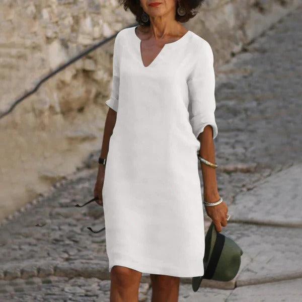 Relaxed Fit Cotton Blend Dress with 3/4 Sleeves for All-Day Comfort