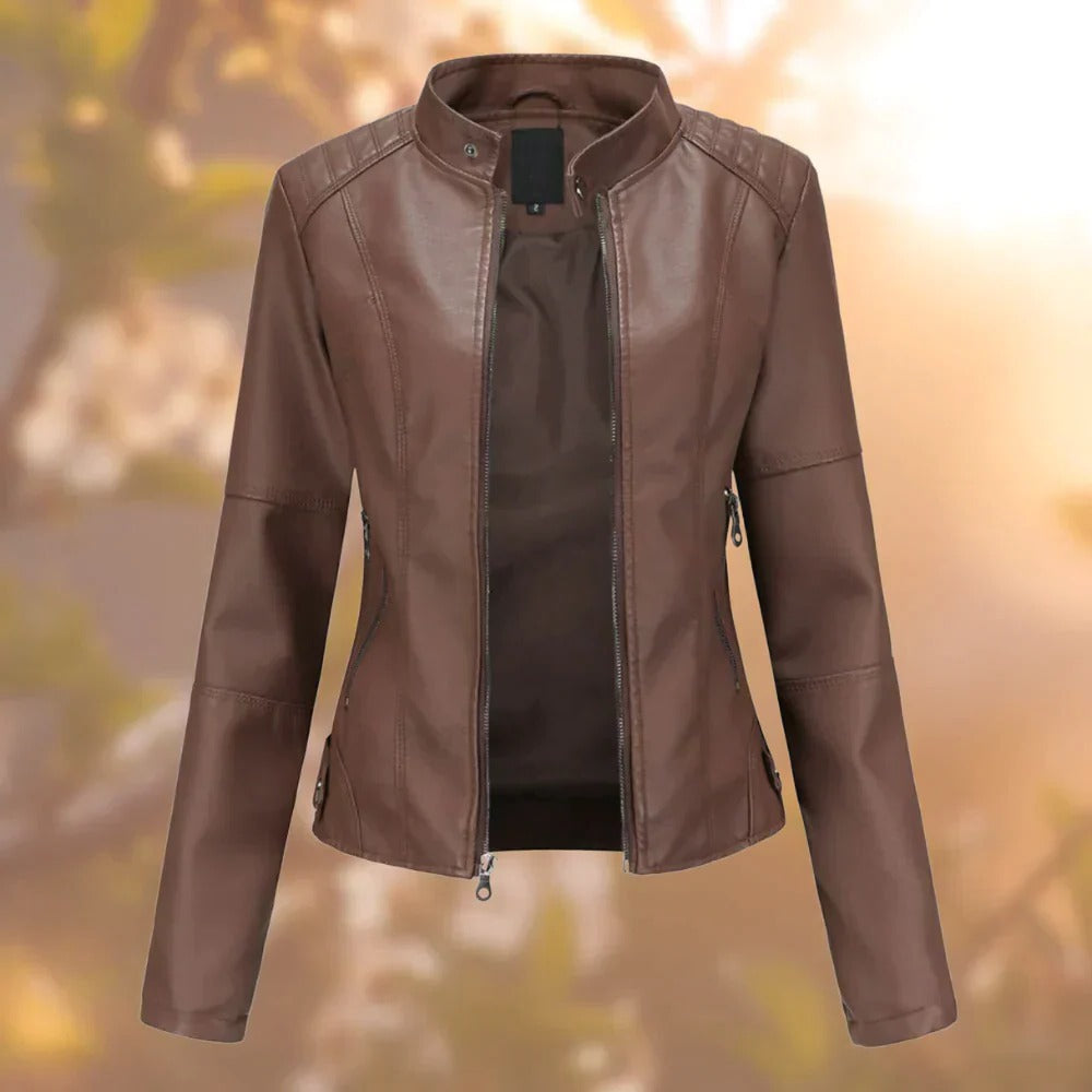 Stand-Up Collar Women's Leather Coat with Metallic Details, Sizes S-3XL, 5 Colors