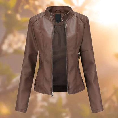 Stand-Up Collar Women's Leather Coat with Metallic Details, Sizes S-3XL, 5 Colors