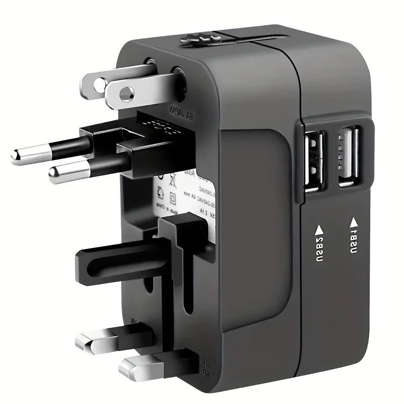 International Plug Adapter with Dual USB Ports for 110V/220V – Black/White