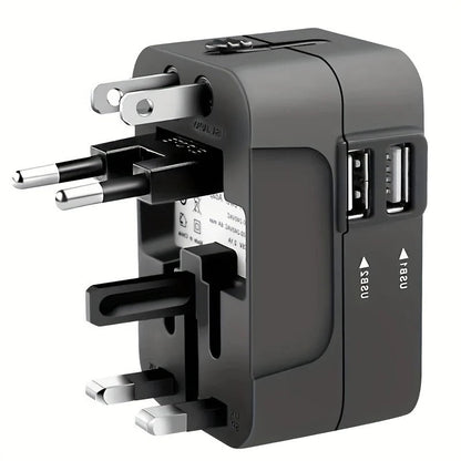International Plug Adapter with Dual USB Ports for 110V/220V – Black/White