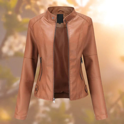 Stand-Up Collar Women's Leather Coat with Metallic Details, Sizes S-3XL, 5 Colors