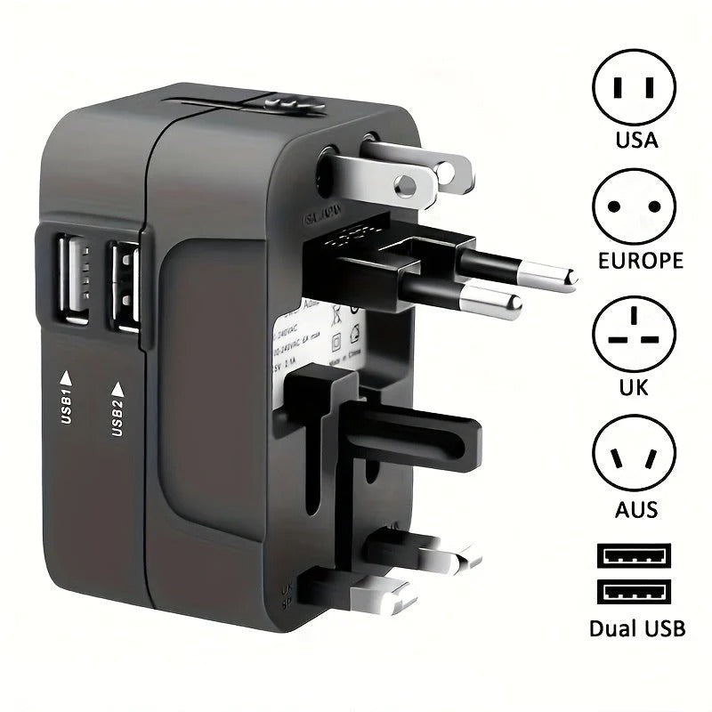 International Plug Adapter with Dual USB Ports for 110V/220V – Black/White