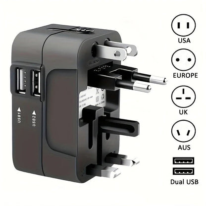 International Plug Adapter with Dual USB Ports for 110V/220V – Black/White