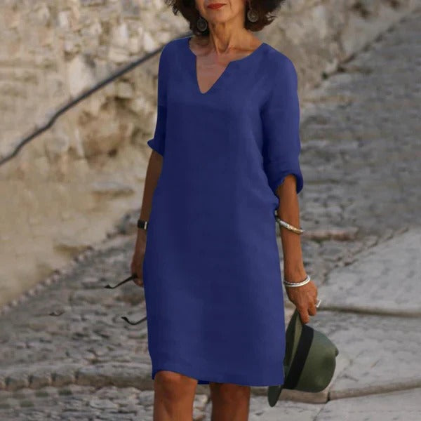 Relaxed Fit Cotton Blend Dress with 3/4 Sleeves for All-Day Comfort