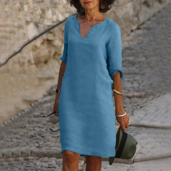 Relaxed Fit Cotton Blend Dress with 3/4 Sleeves for All-Day Comfort