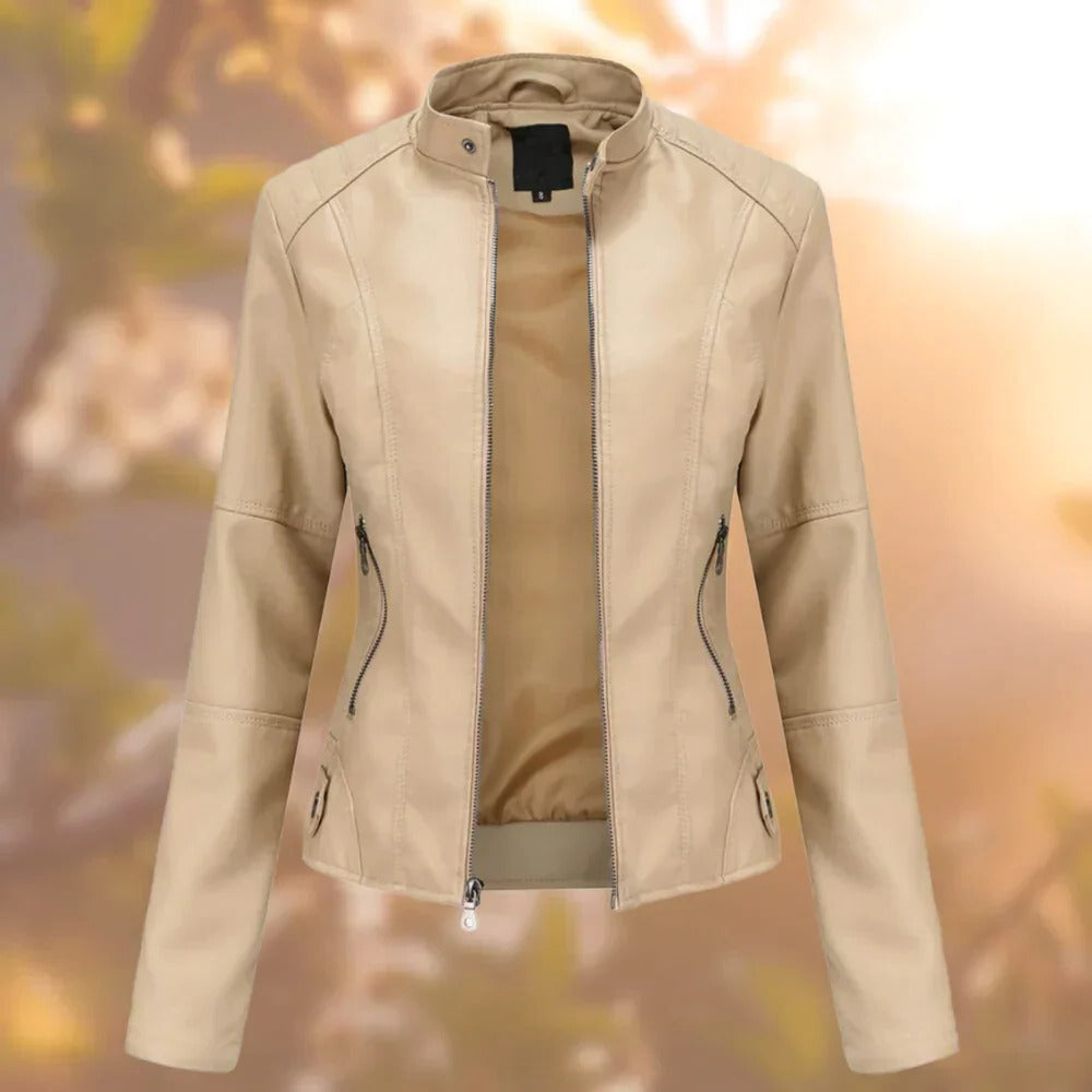 Stand-Up Collar Women's Leather Coat with Metallic Details, Sizes S-3XL, 5 Colors