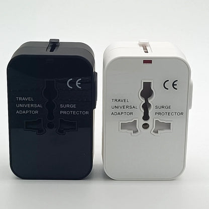 International Plug Adapter with Dual USB Ports for 110V/220V – Black/White