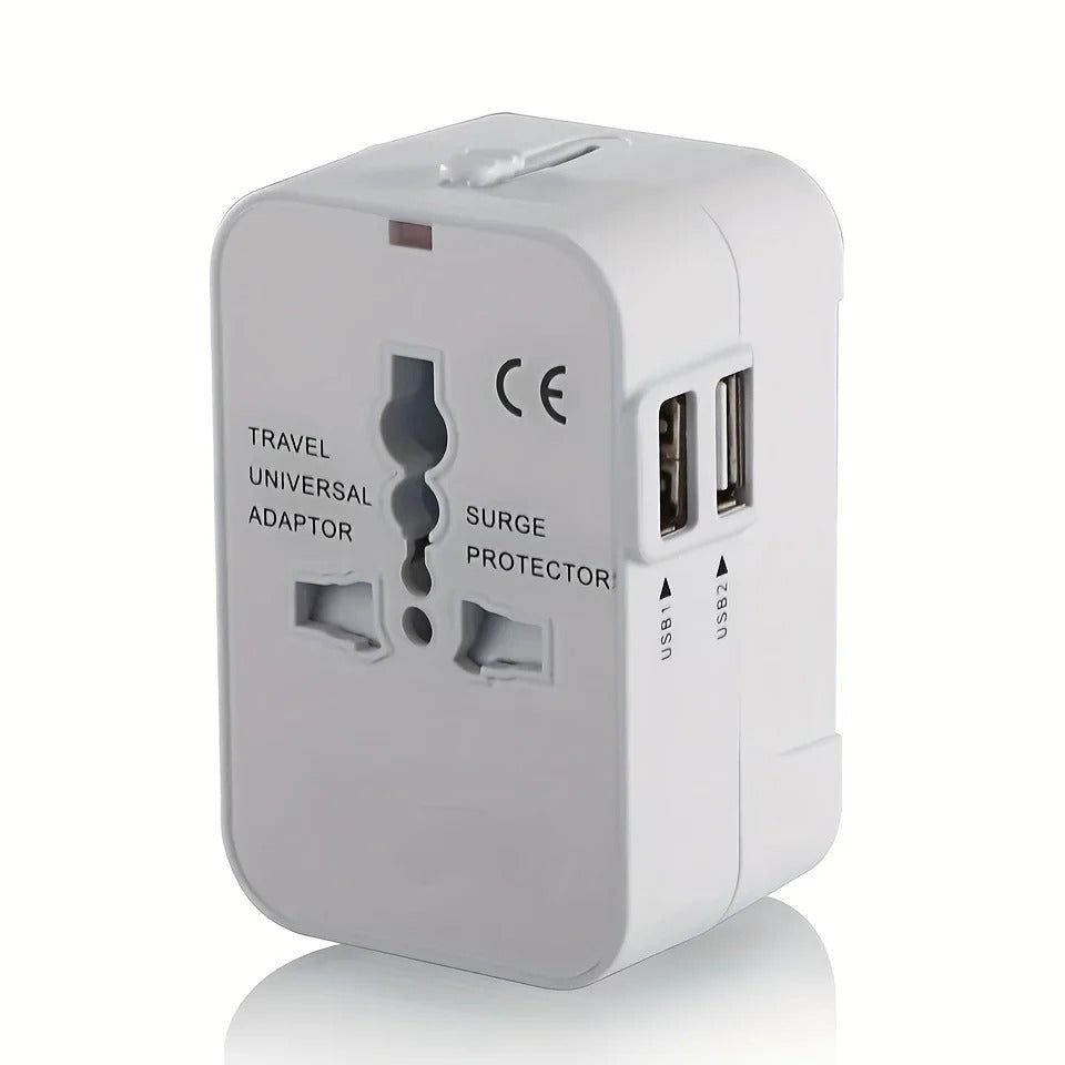 International Plug Adapter with Dual USB Ports for 110V/220V – Black/White