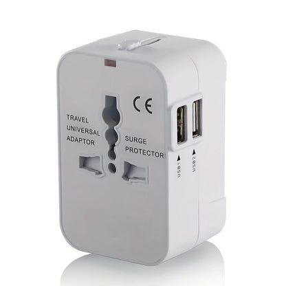 International Plug Adapter with Dual USB Ports for 110V/220V – Black/White