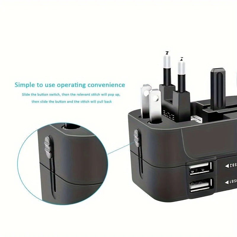 International Plug Adapter with Dual USB Ports for 110V/220V – Black/White