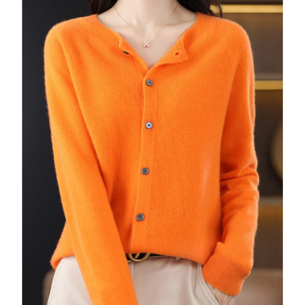 Plus Size Women's Long Sleeve Button-Up Knit Cardigan with Round Neck, S to 3XL