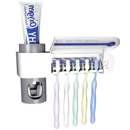 Wall-Mounted Toothbrush Holder with UV Sterilizer and Automatic Dispenser for 5 Brushes, Gray and White