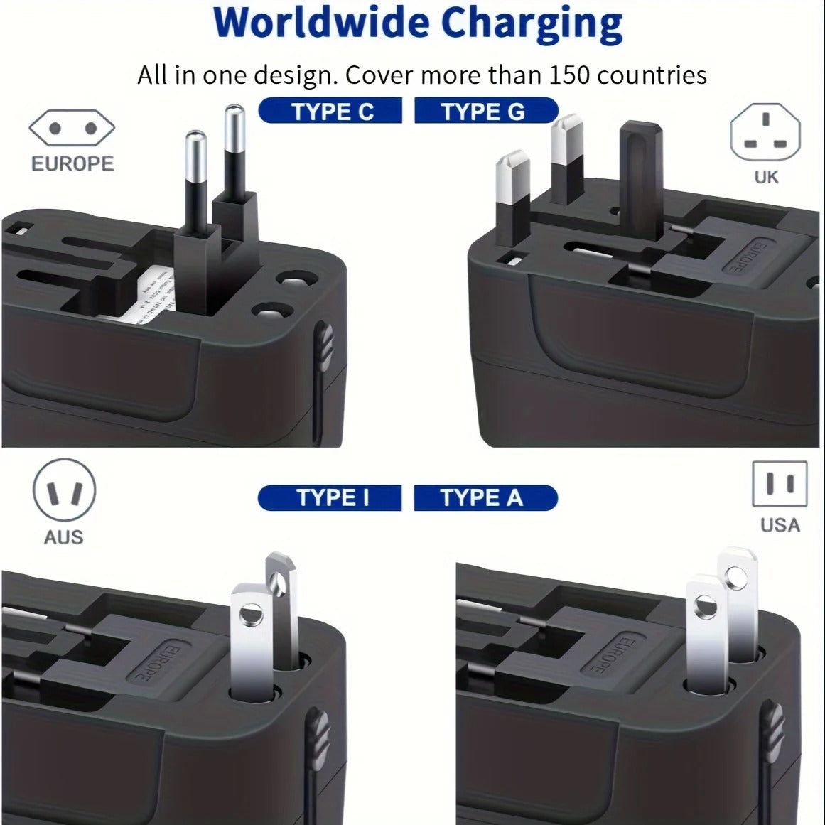 International Plug Adapter with Dual USB Ports for 110V/220V – Black/White