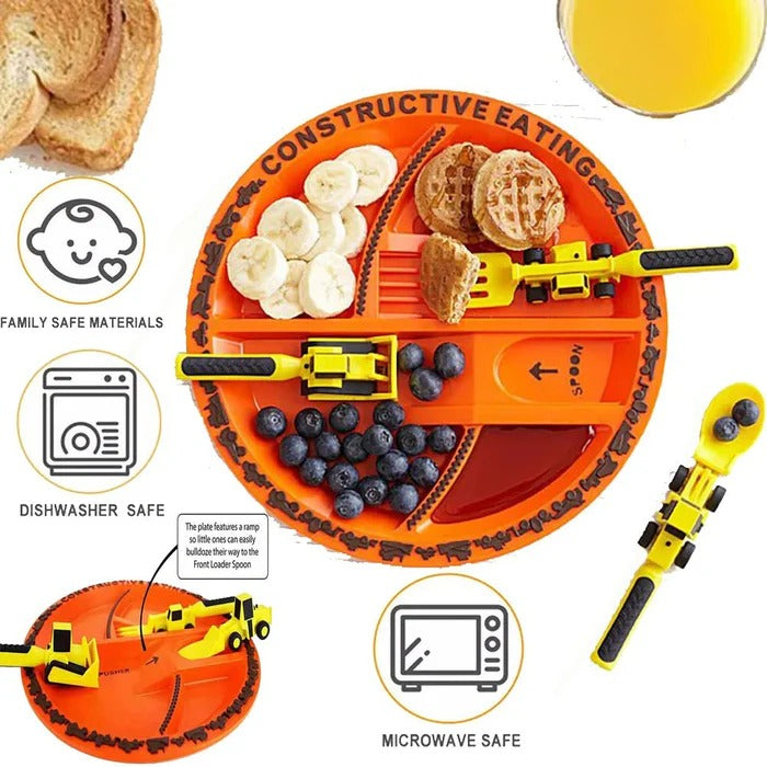 Construction-Themed Divided Plate Set with Easy-Grip Utensils for Toddlers