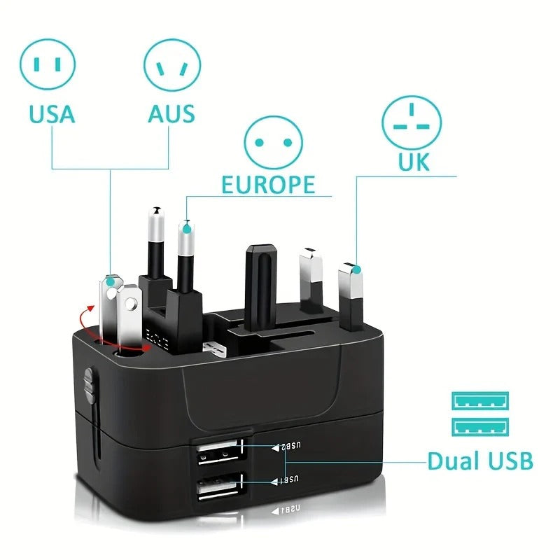 International Plug Adapter with Dual USB Ports for 110V/220V – Black/White