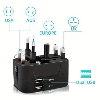 International Plug Adapter with Dual USB Ports for 110V/220V – Black/White