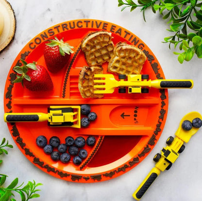 Construction-Themed Divided Plate Set with Easy-Grip Utensils for Toddlers