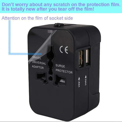 International Plug Adapter with Dual USB Ports for 110V/220V – Black/White