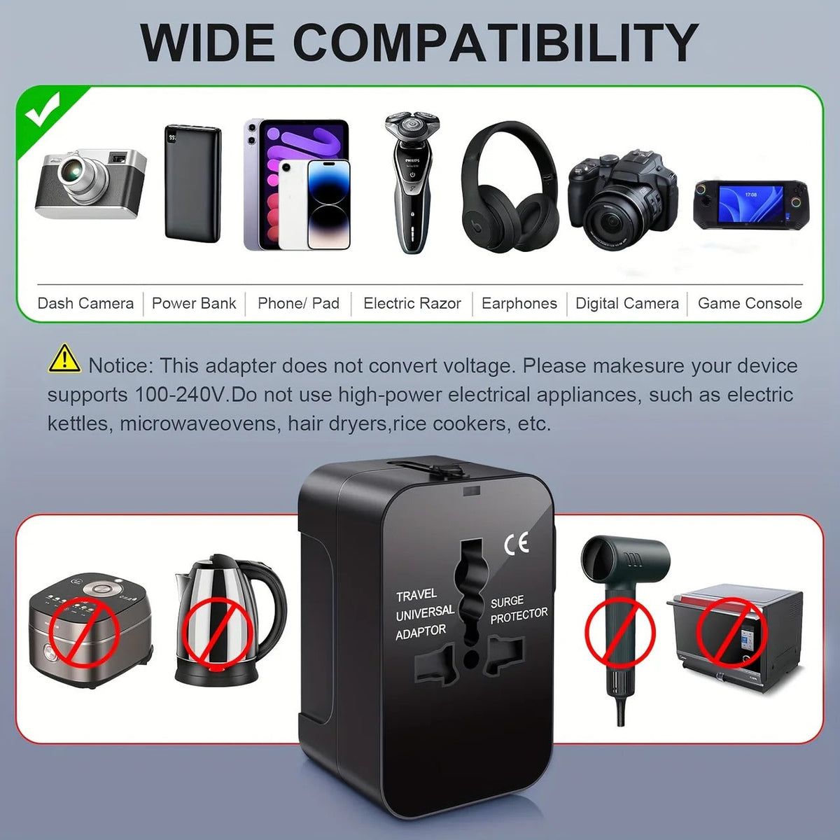 International Plug Adapter with Dual USB Ports for 110V/220V – Black/White