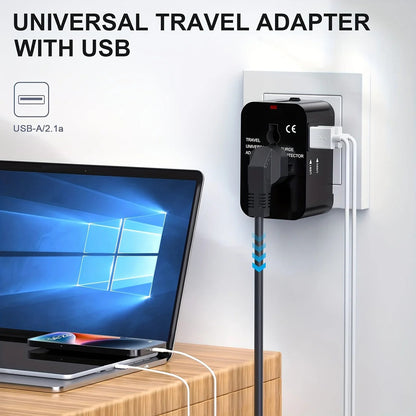 International Plug Adapter with Dual USB Ports for 110V/220V – Black/White