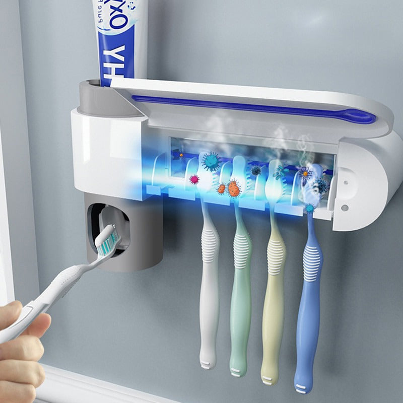 Wall-Mounted Toothbrush Holder with UV Sterilizer and Automatic Dispenser for 5 Brushes, Gray and White