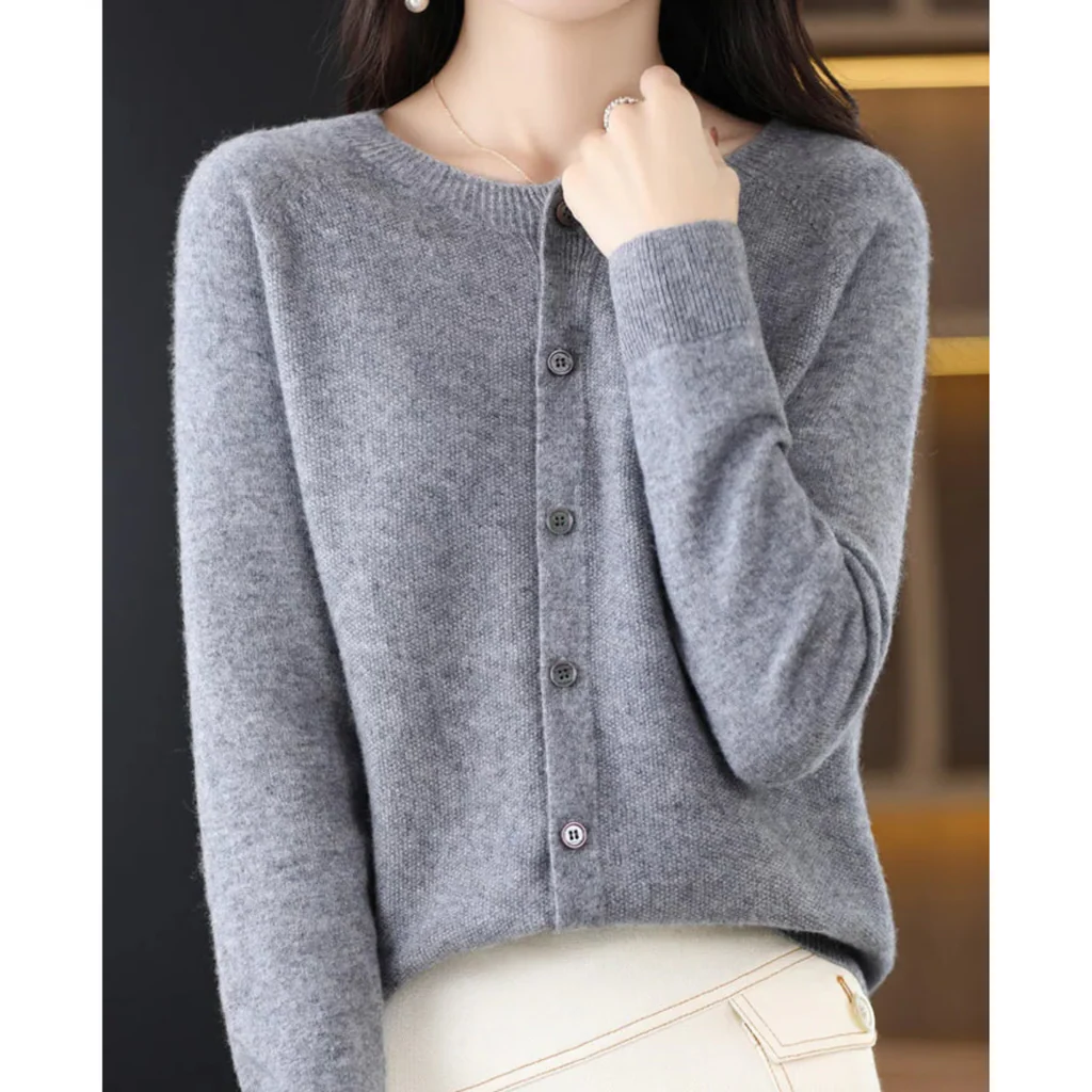 Plus Size Women's Long Sleeve Button-Up Knit Cardigan with Round Neck, S to 3XL