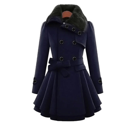 Long Winter Overcoat for Women with Faux Fur Collar, Warm Eco-Friendly Fabric, Sizes S-5XL, Available in Khaki, Black, Blue, Red