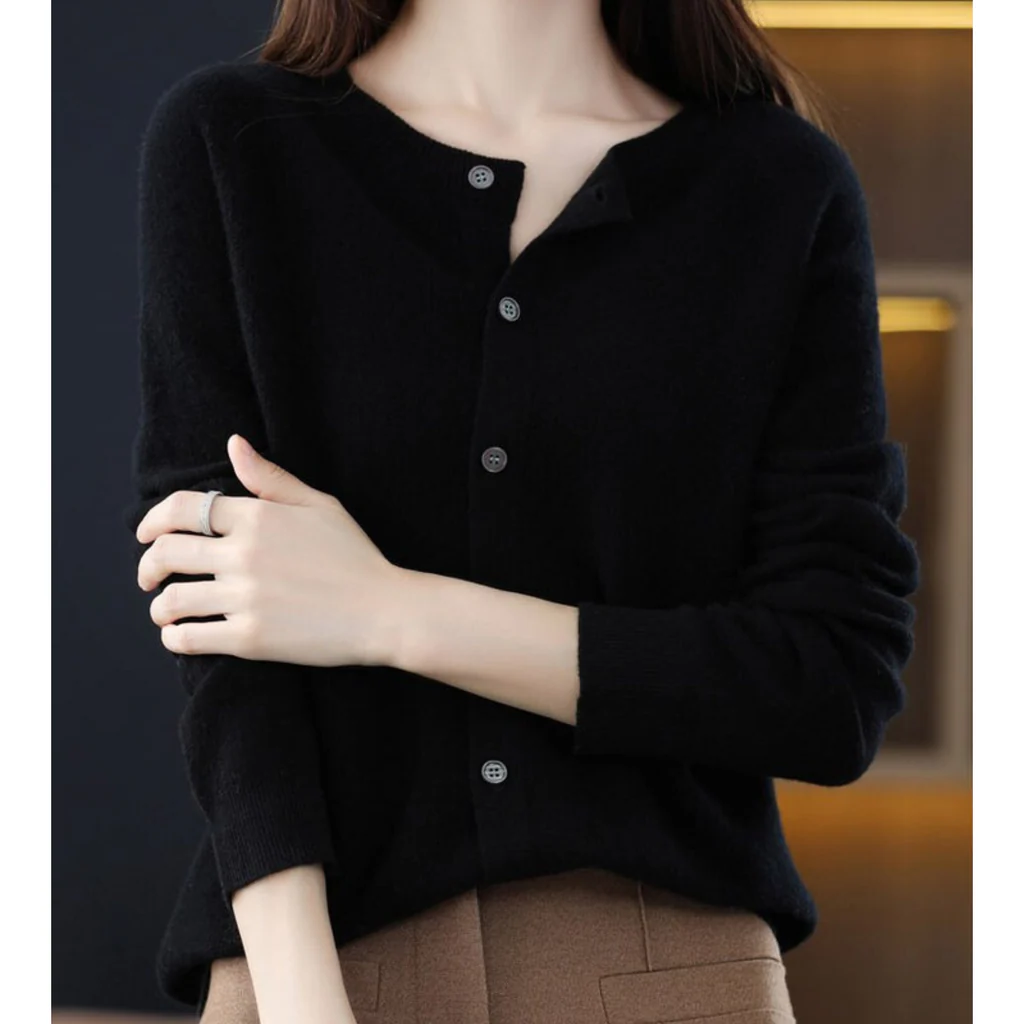Plus Size Women's Long Sleeve Button-Up Knit Cardigan with Round Neck, S to 3XL