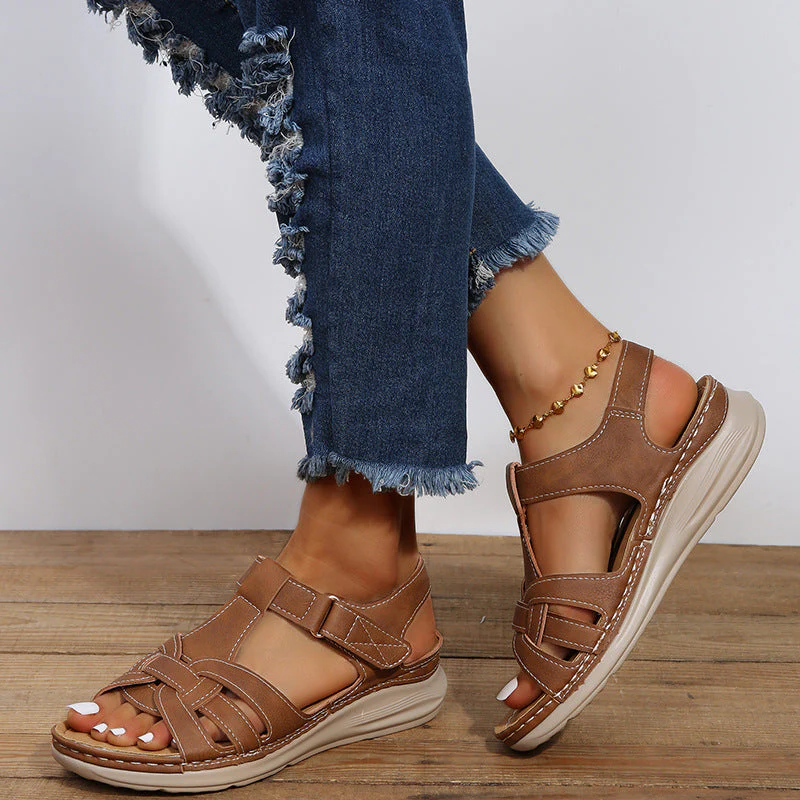 Adjustable Strap Flat Comfort Walking Shoes for Women - Brown and Black Sandals