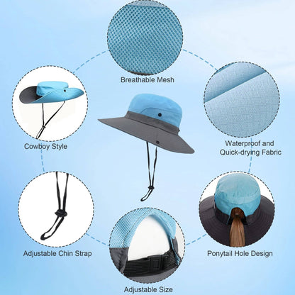 Packable Bucket Hat with UV Protection for Men and Women, Adjustable Chin Strap and Ponytail Opening for Outdoor Activities