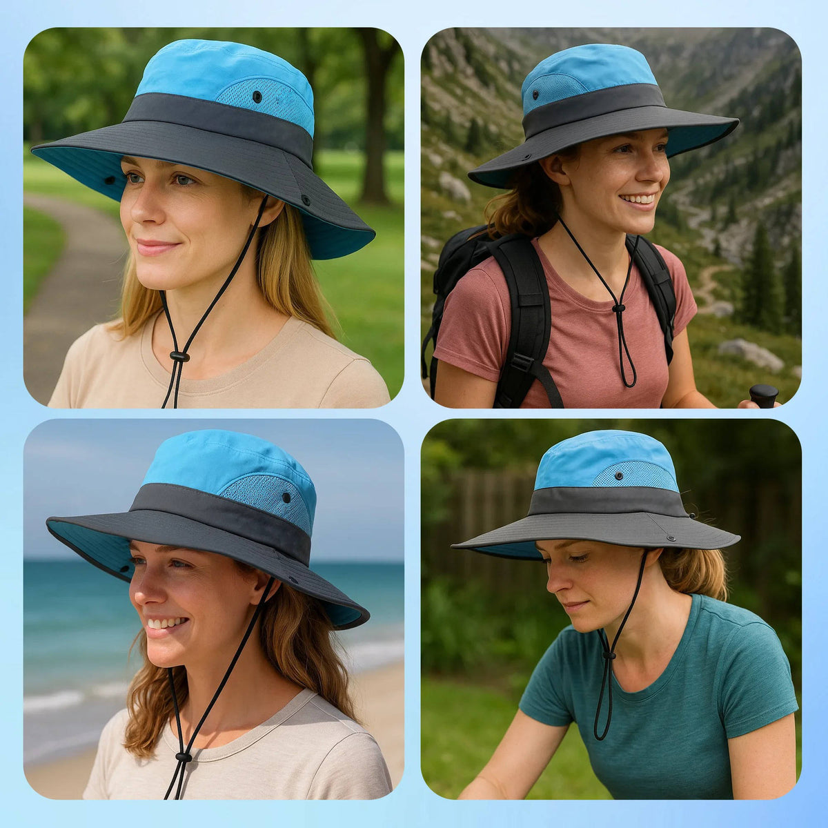 Packable Bucket Hat with UV Protection for Men and Women, Adjustable Chin Strap and Ponytail Opening for Outdoor Activities