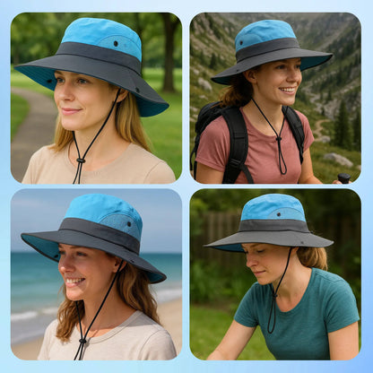 Packable Bucket Hat with UV Protection for Men and Women, Adjustable Chin Strap and Ponytail Opening for Outdoor Activities