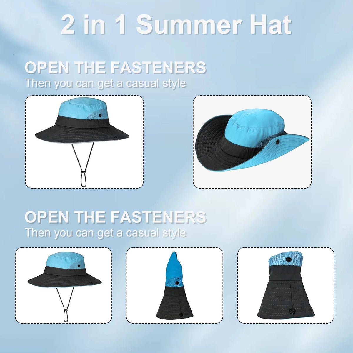 Packable Bucket Hat with UV Protection for Men and Women, Adjustable Chin Strap and Ponytail Opening for Outdoor Activities