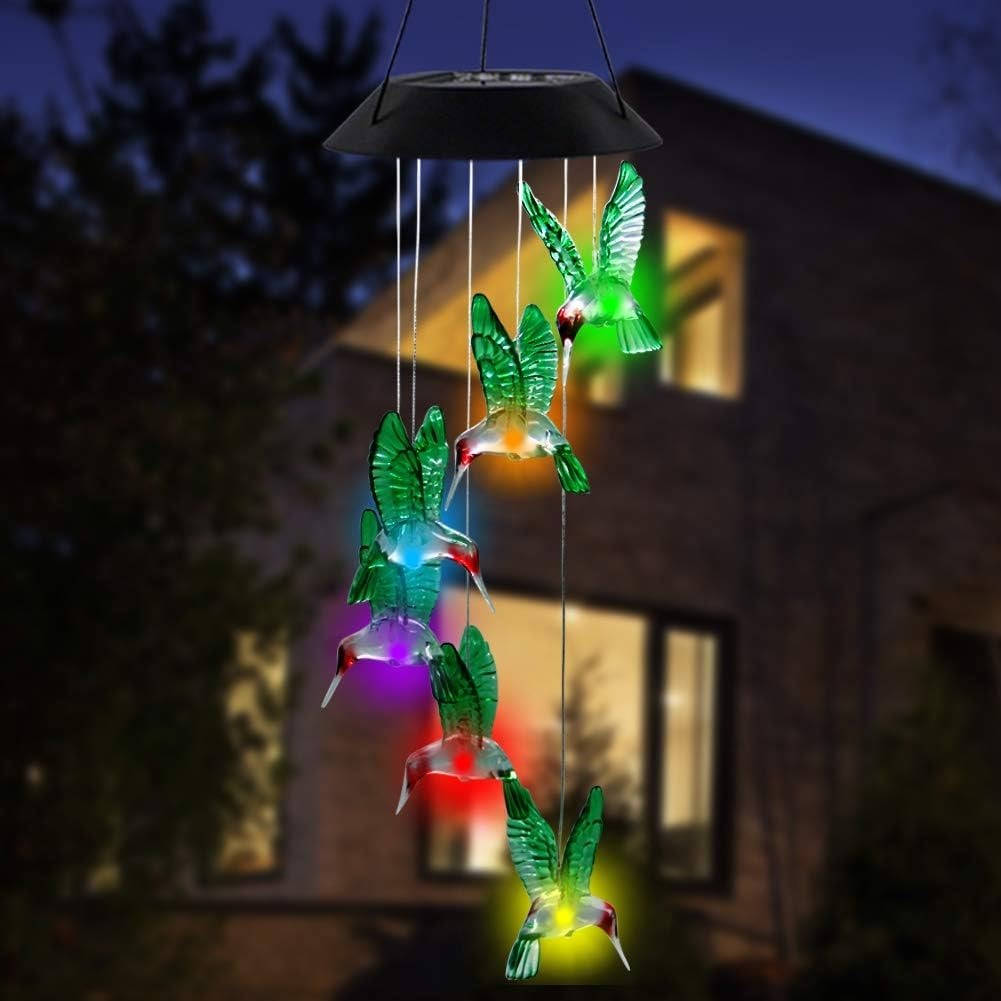 Colorful Solar-Activated Hummingbird Wind Chime, 25 Inch