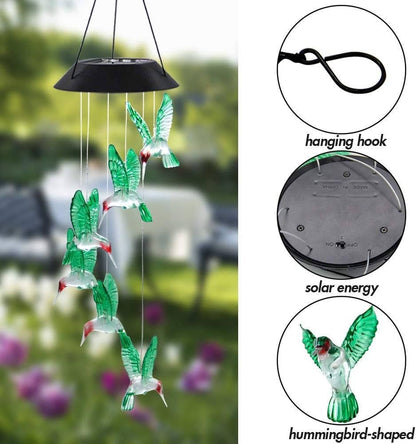 Colorful Solar-Activated Hummingbird Wind Chime, 25 Inch