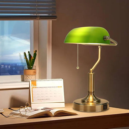 Elegant Green Glass Desk Lamp with USB Charging Ports