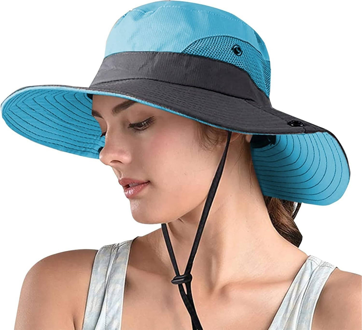 Packable Bucket Hat with UV Protection for Men and Women, Adjustable Chin Strap and Ponytail Opening for Outdoor Activities