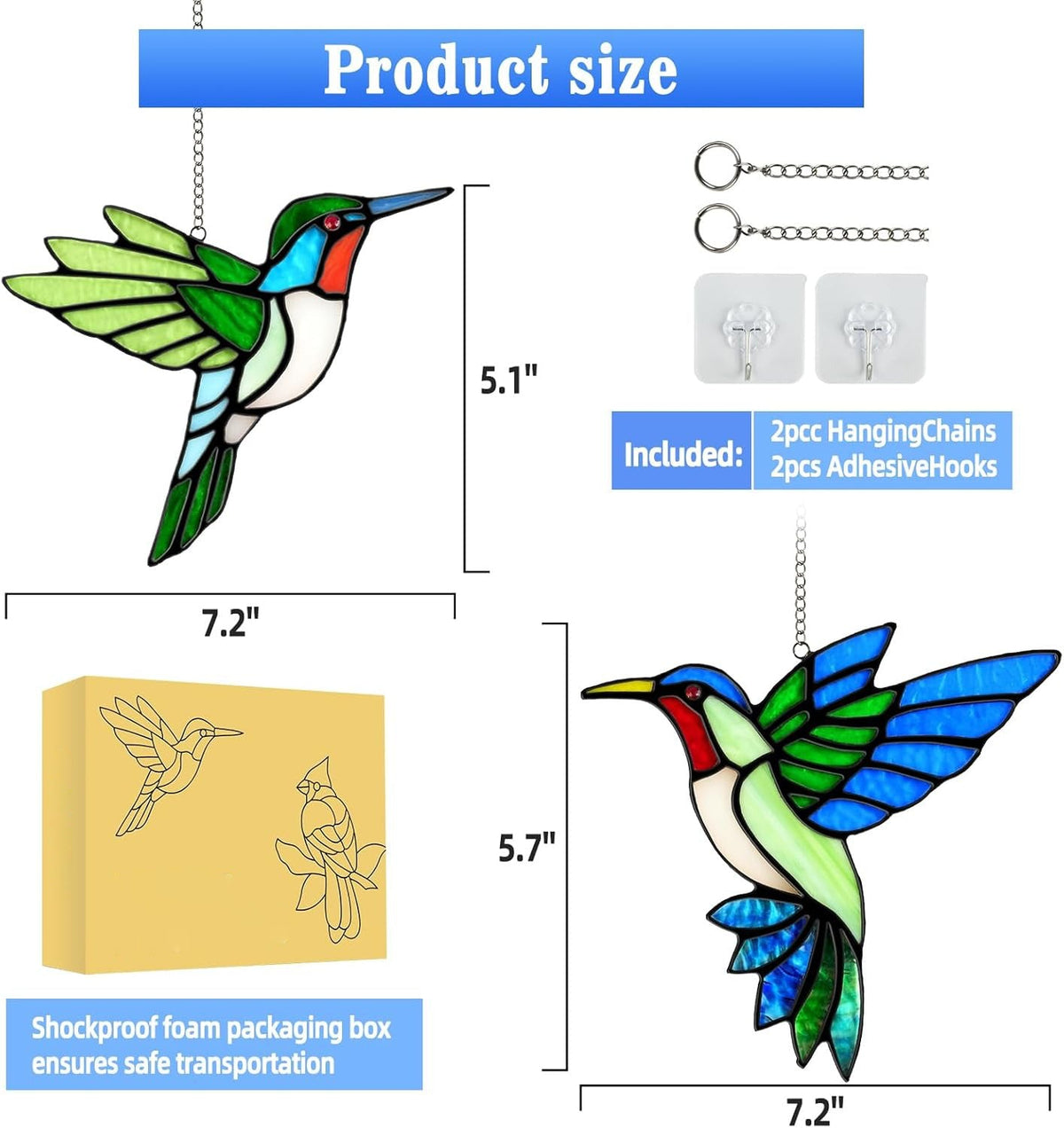 Elegant Hummingbird Glass Art - 2 Piece Window Decor
