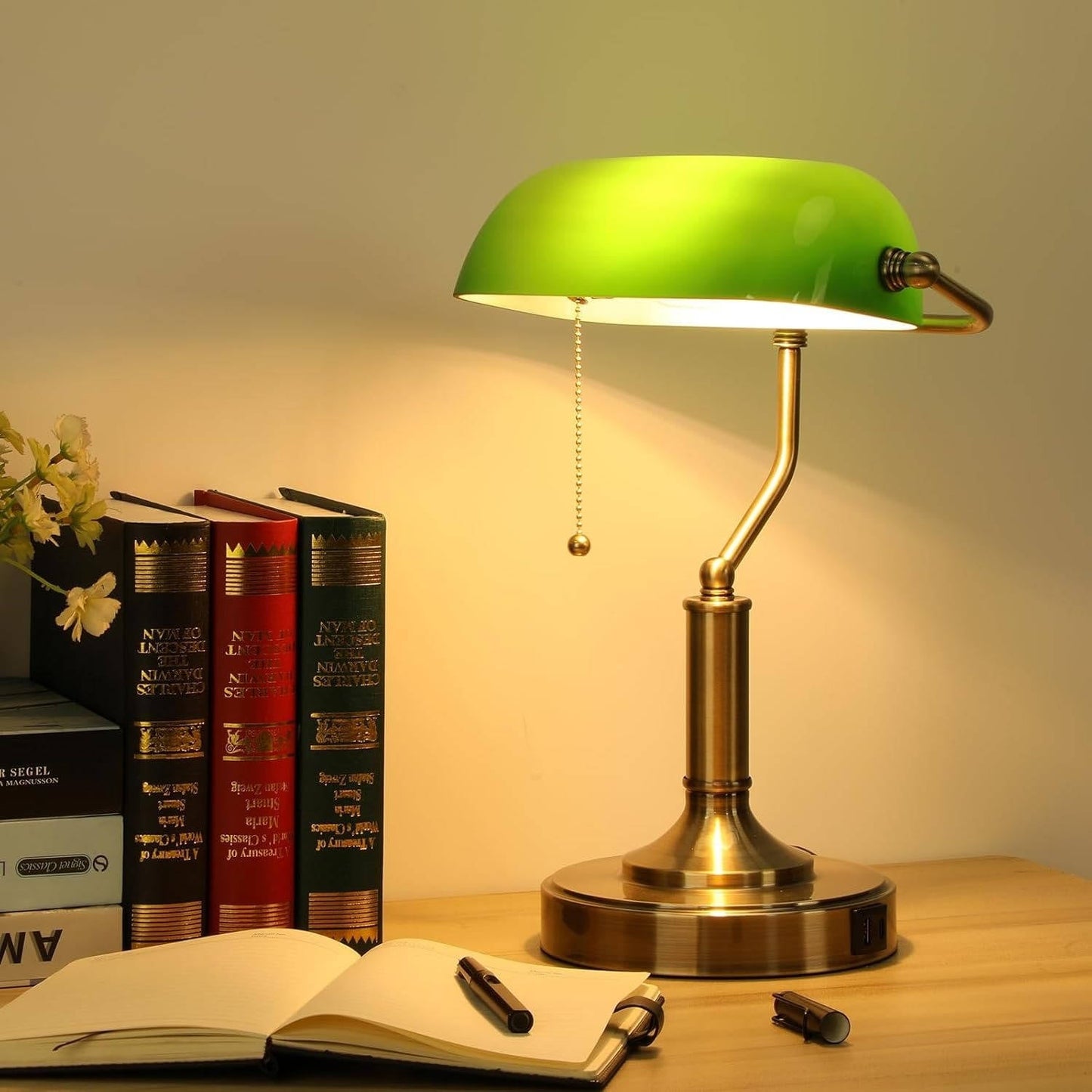 Elegant Green Glass Desk Lamp with USB Charging Ports