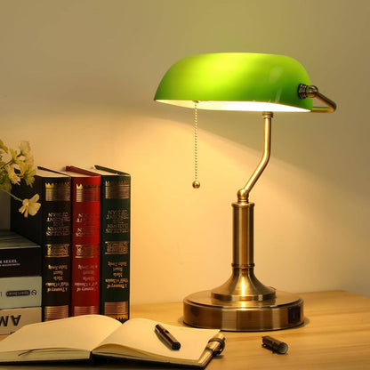 Elegant Green Glass Desk Lamp with USB Charging Ports