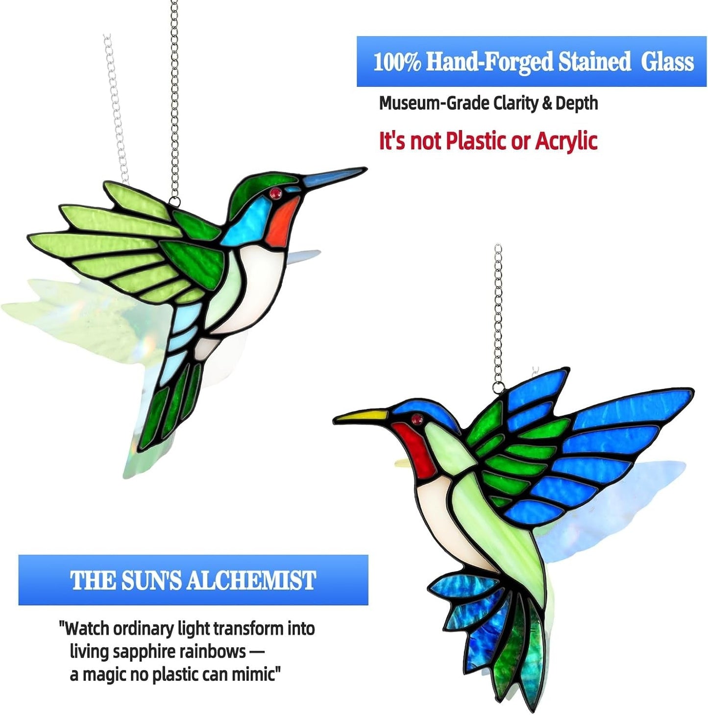 Elegant Hummingbird Glass Art - 2 Piece Window Decor