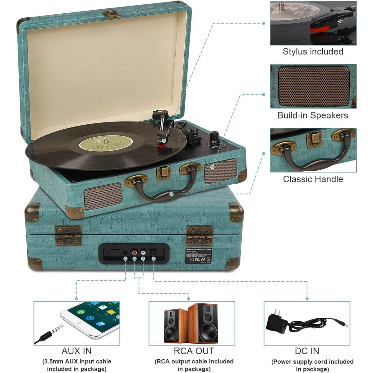 Retro Bluetooth Turntable with Built-In Speakers - 3 Speed