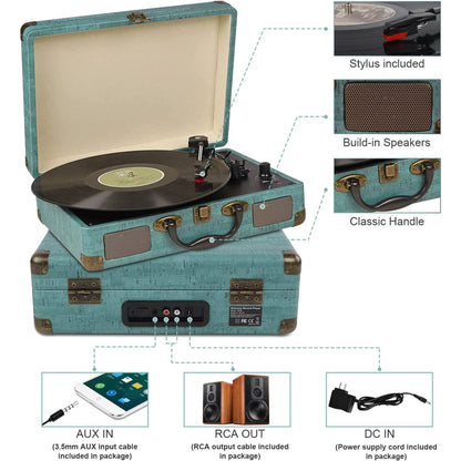 Retro Bluetooth Turntable with Built-In Speakers - 3 Speed