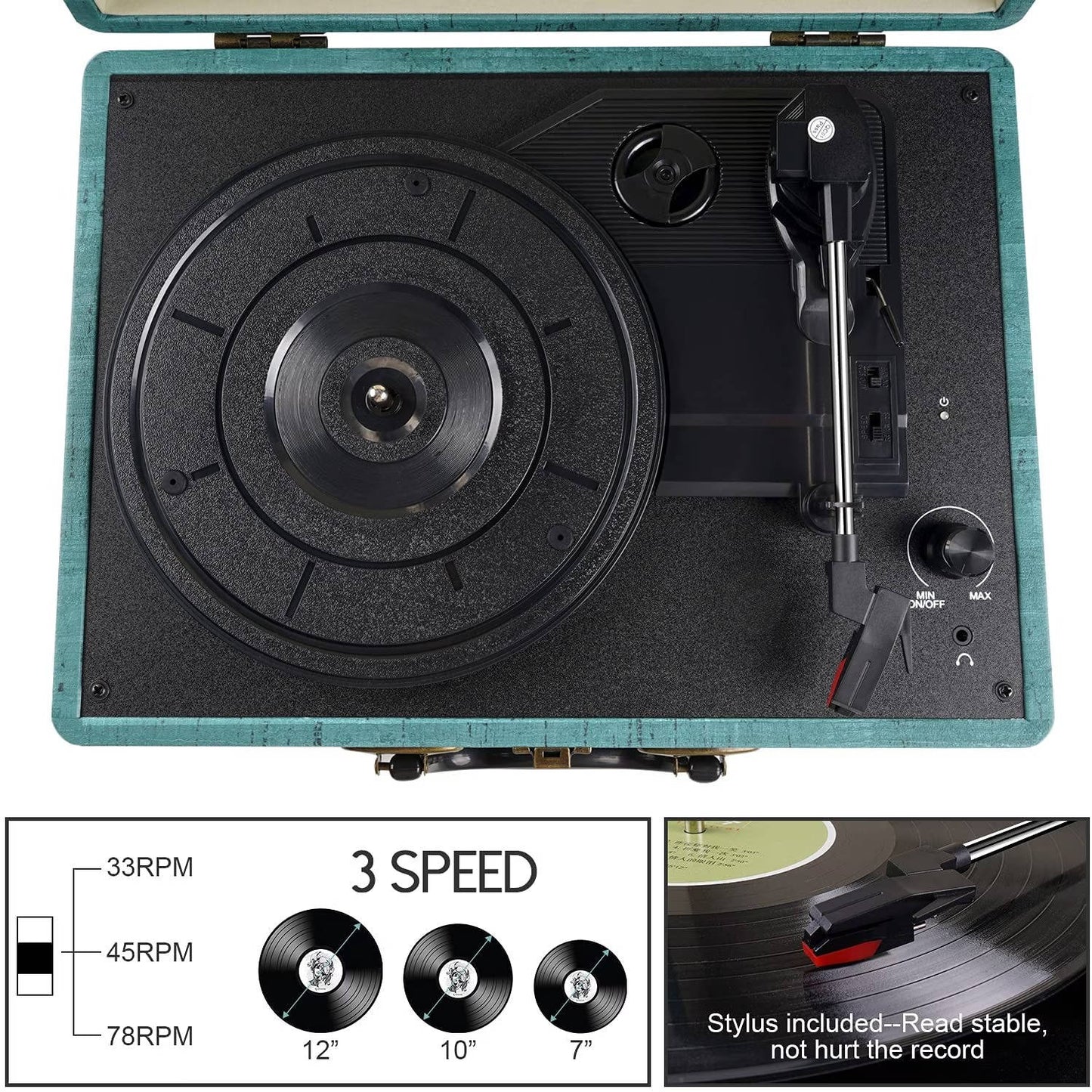 Retro Bluetooth Turntable with Built-In Speakers - 3 Speed