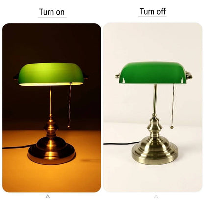 Elegant Green Glass Desk Lamp with USB Charging Ports